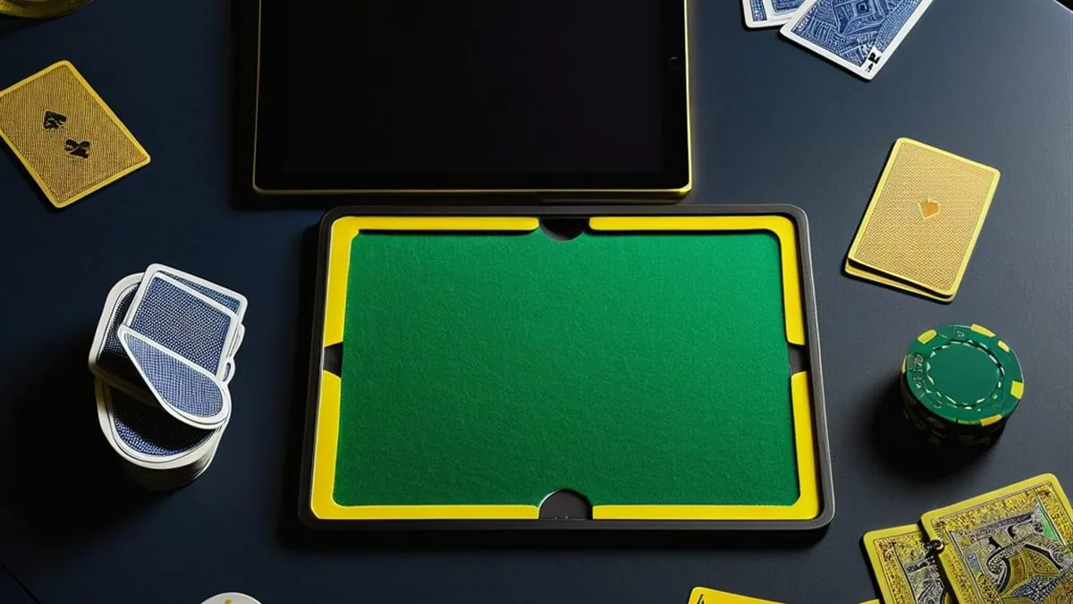 Tablet con un tapete verde de cartas sobre una mesa con naipes y fichas